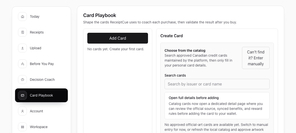 ReceiptCue card playbook screen