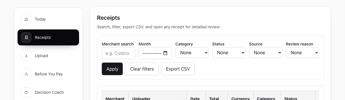 ReceiptCue receipt verification screen