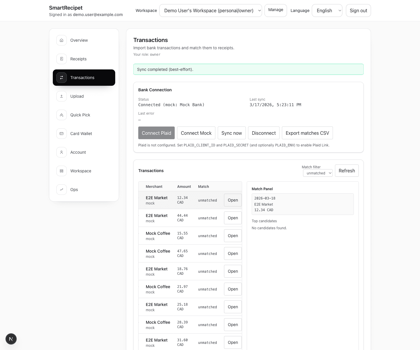 ReceiptCue transaction matching and export screen